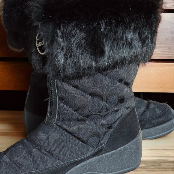 COACH ( 8 ) "FAITH"  Zip-Front Black Monogram Logo Rabbit Fur Boots - Picture 3 of 9